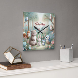 Nursery Decor, Forest Cute Animals - Custom Name Square Wall Clock