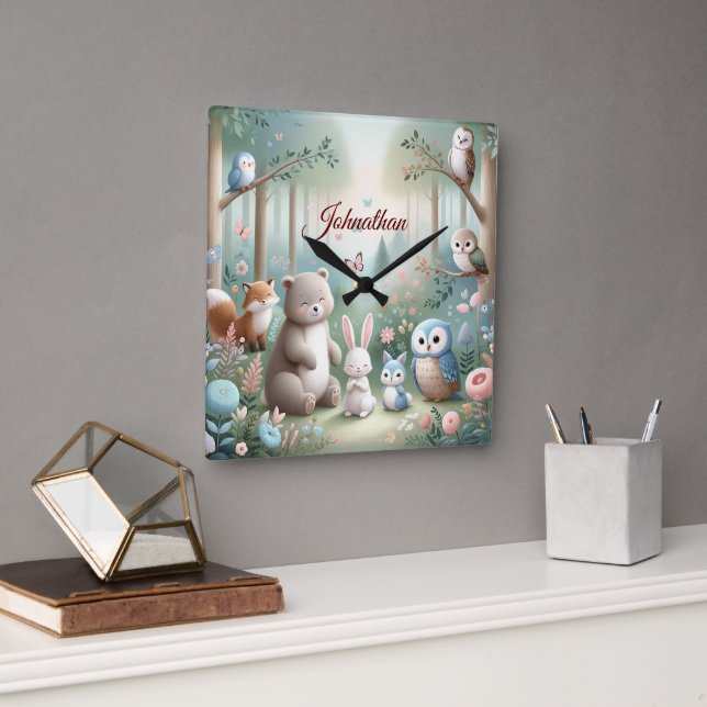 Nursery Decor, Forest Cute Animals - Custom Name  Square Wall Clock (Office)