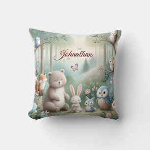 Nursery Decor, Forest Cute Animals - Custom Name  Throw Pillow