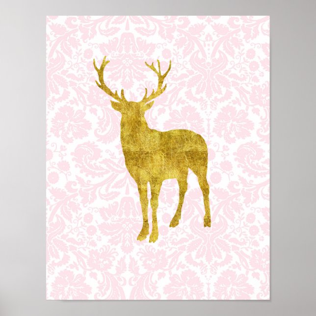 Nursery Decor Gold Deer Girly Pink Damask (Front)