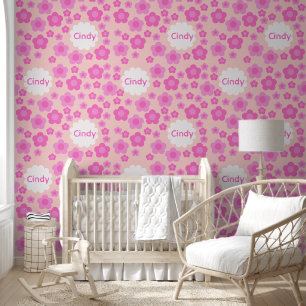 Nursery Girly Pink Flowers Pattern Name Wallpaper