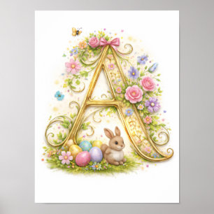 Nursery Letter A Baby Initial Gold Floral Poster