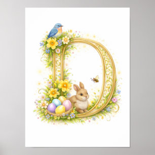 Nursery Letter D Baby Bunny Initial Gold Floral Poster