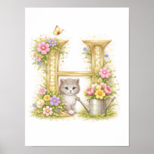 Nursery Letter H Kitten Baby Initial Gold Floral Poster