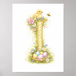 Nursery Letter I Baby Duckling Initial Gold Floral Poster