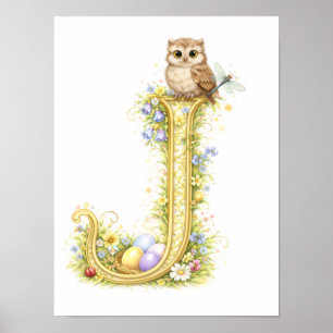 Nursery Letter J Baby Owl Initial Gold Floral Poster