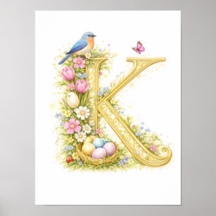 Nursery Letter K Bluebird Baby Initial Gold Floral Poster