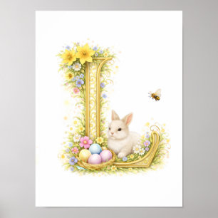Nursery Letter L Baby Bunny Initial Gold Floral Poster