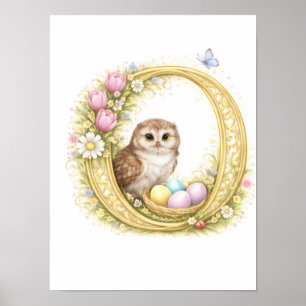 Nursery Letter O Baby Owl Initial Gold Floral Poster