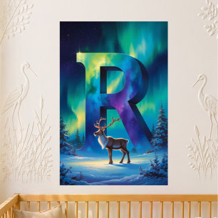 Nursery Letter R Name Northern Lights Reindeer Poster