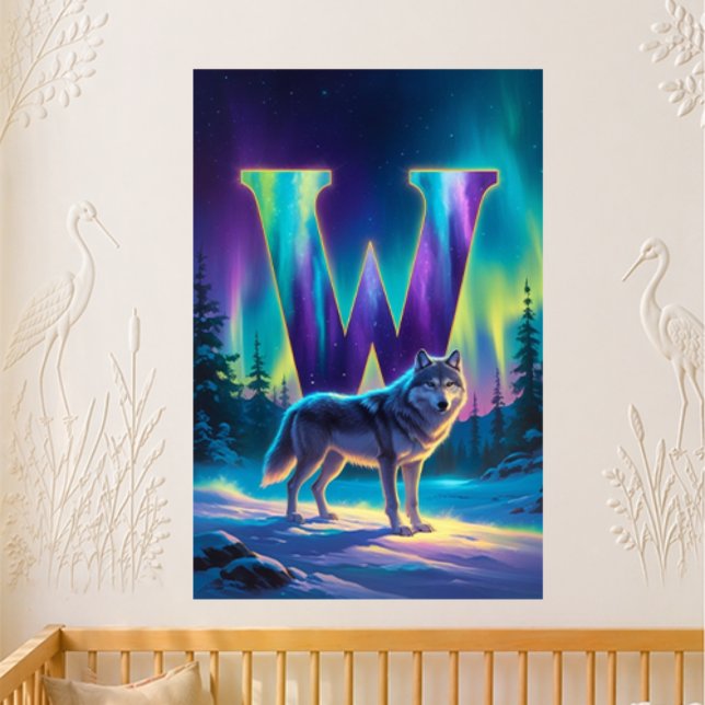 Nursery Letter W Name Northern Lights Wolf Poster (Creator Uploaded)