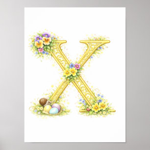 Nursery Letter X Baby Snail Initial Gold Floral Poster