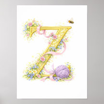 Nursery Letter Z Baby Yarn Initial Gold Floral