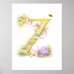 Nursery Letter Z Baby Yarn Initial Gold Floral Poster