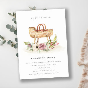 Nursery Pink Floral Bassinet Baby Shower Invite