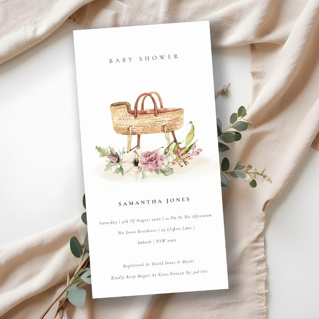 Nursery Pink Floral Bassinet Baby Shower Invite (Creator Uploaded)