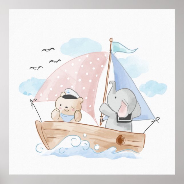 NURSERY POSTER : BOAT WITH  ELEPHANT & BABY BEAR (Front)