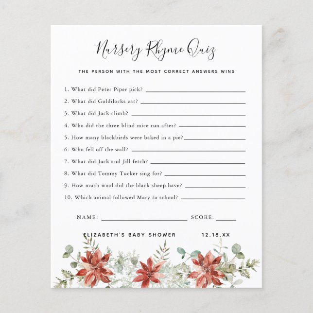 Nursery Rhyme Quiz | Baby Shower Game (Front)