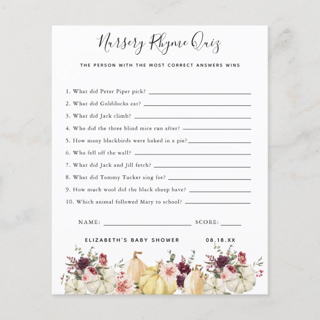 Nursery Rhyme Quiz | Baby Shower Game (Front)