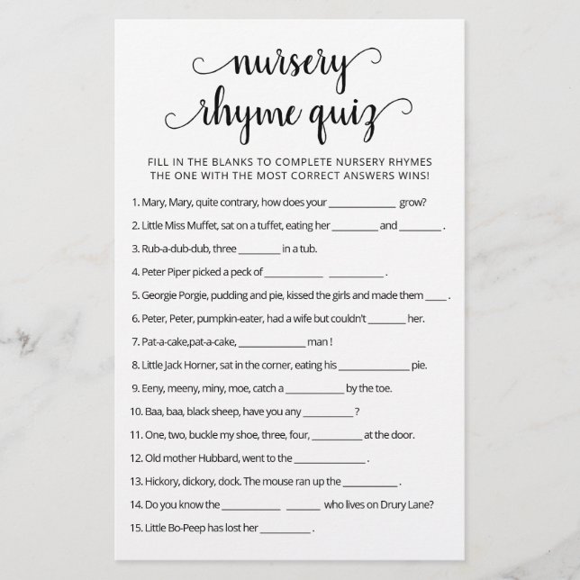 Nursery Rhyme Quiz Baby Shower game with Answers (Front)