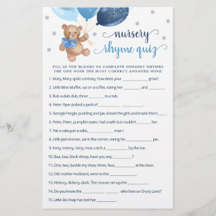 Nursery Rhyme Quiz Game Baby Shower Teddy Bear 