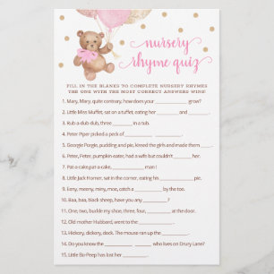 Nursery Rhyme Quiz Game Baby Shower Teddy Bear