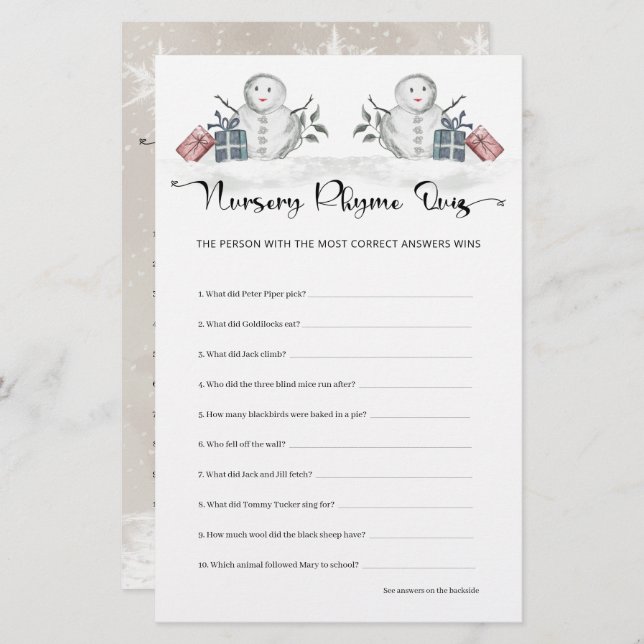 Nursery Rhyme Quiz Snowman Baby Shower (Front/Back)