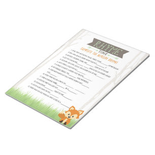Nursery Rhyme Woodland Fox Baby Shower Game Pack Notepad