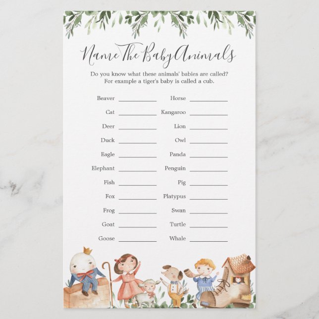 Nursery Rhymes Baby Shower Name The Baby Animals (Front)