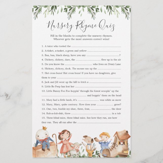 Nursery Rhymes Baby Shower Nursery Rhyme Quiz Game (Front)