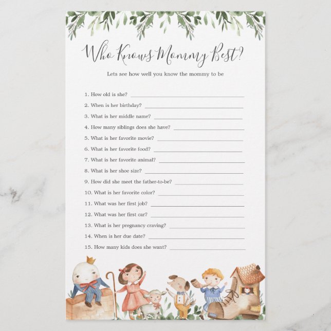 Nursery Rhymes Baby Shower Who Knows Mommy Best (Front)