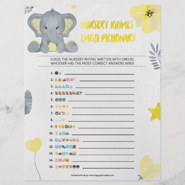 Nursery Rhymes Emoji Pictionary [Baby Elephant] Letterhead (Front)