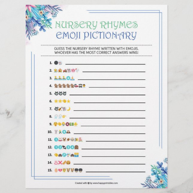 Nursery Rhymes Emoji Pictionary [Blue Floral] Letterhead (Front)