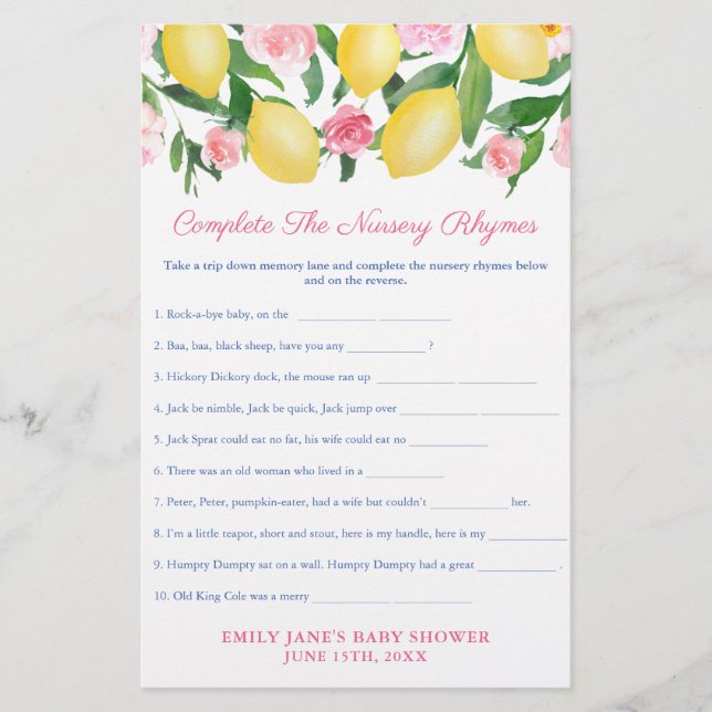 Nursery Rhymes Game Card For Lemons Baby Shower (Front)