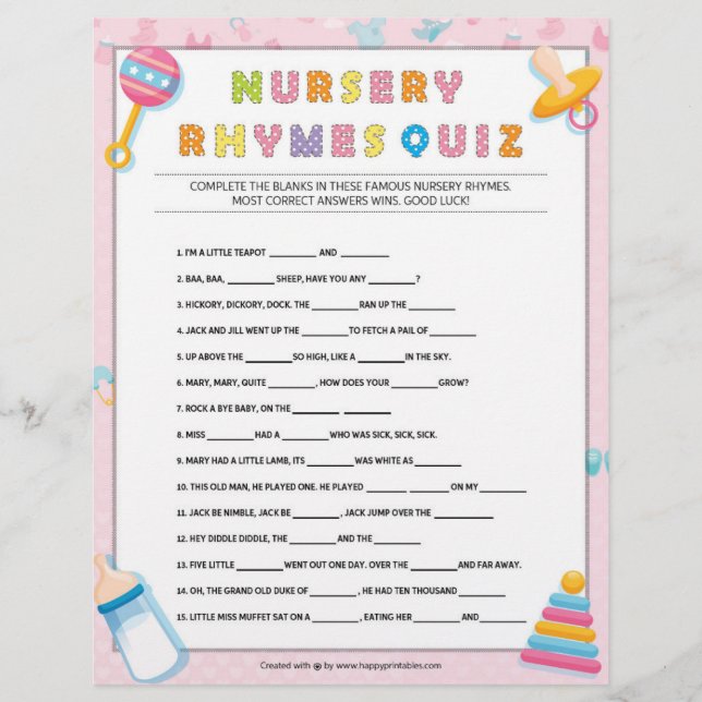 Nursery Rhymes Quiz [Baby Basics Pink] Letterhead (Front)