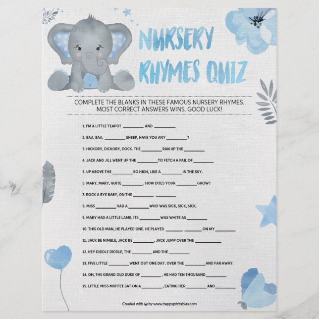 Nursery Rhymes Quiz [Baby Elephant [Blue]] Letterhead (Front)