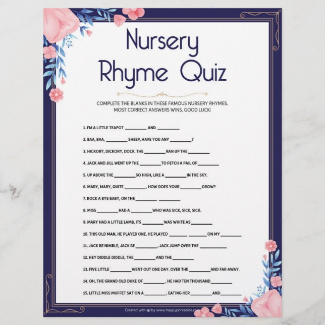 Nursery Rhymes Quiz [Floral Frame] Letterhead (Front)