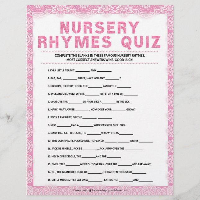 Nursery Rhymes Quiz [Luxury Lace [Pink]]  Letterhead (Front)