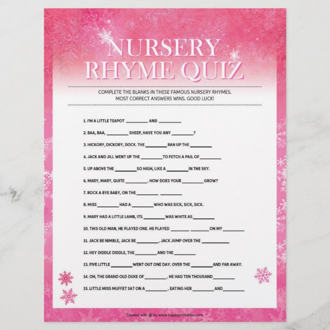 Nursery Rhymes Quiz [Snowy Pink] Letterhead (Front)