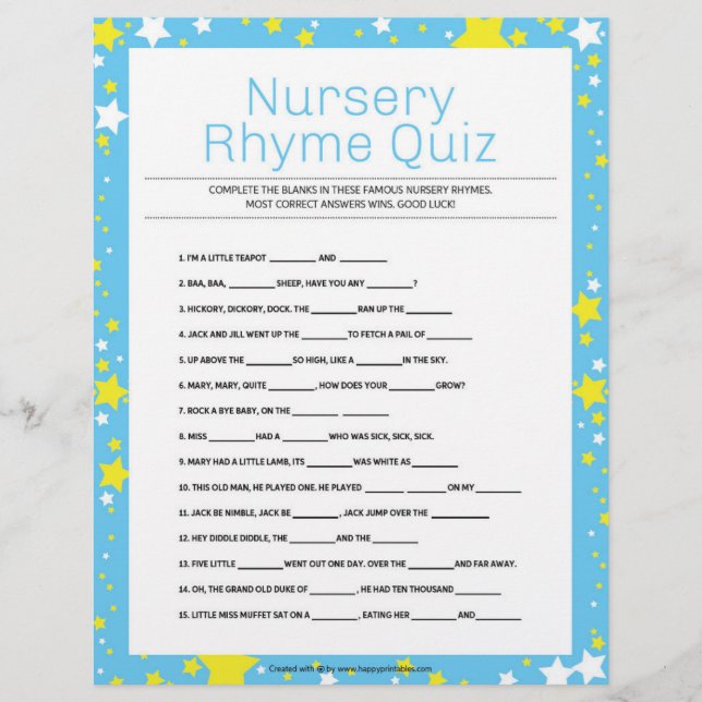 Nursery Rhymes Quiz [Starry Night Blue] Letterhead (Front)