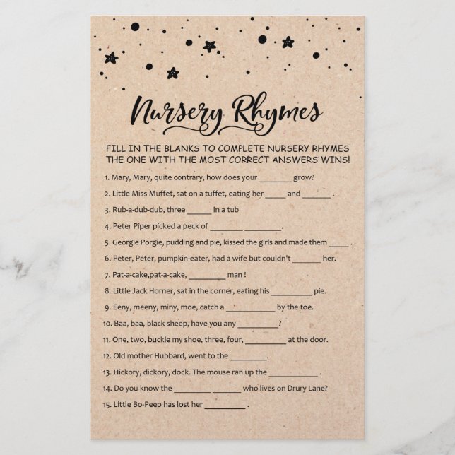 Nursery Rhymes with Answers Baby Shower Party Game (Front)