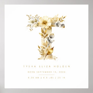 Nursery Romantic Floral T Letter Gold Effect Poster