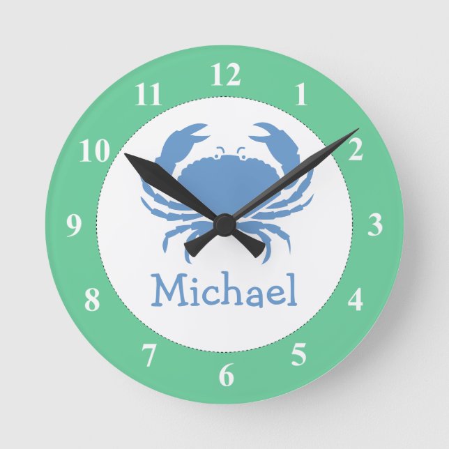 Nursery wall clock with blue crab and baby name (Front)
