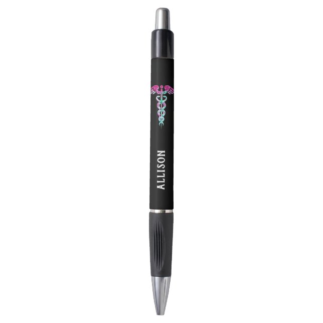 Nurse's Caduceus Pink Turquoise Personalized Pen (Front Vertical)