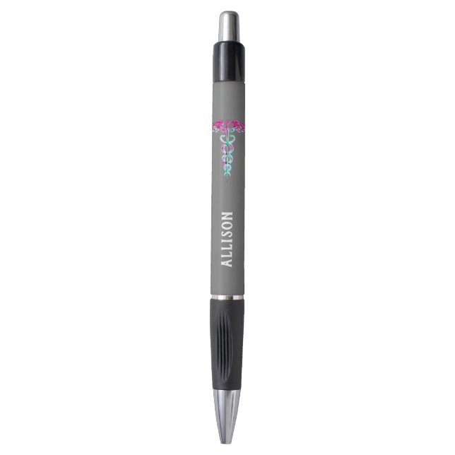 Nurse's Caduceus Pink Turquoise Personalized Pen (Front Vertical)
