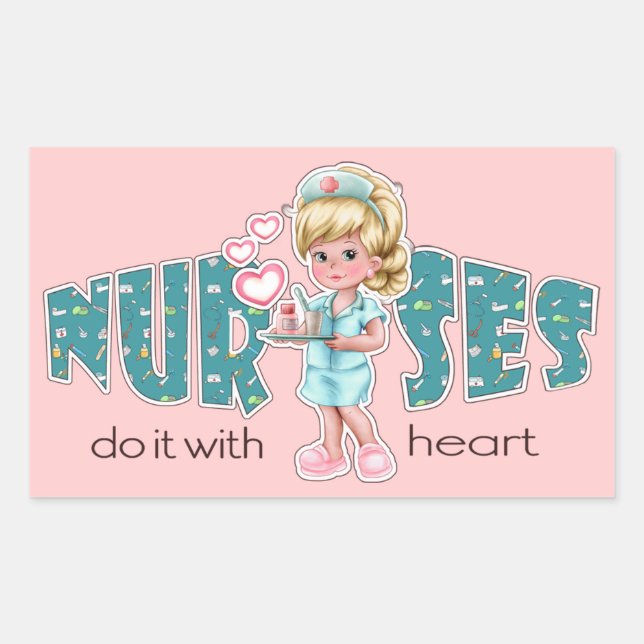 Nurses care with Heart.  Cute Blonde Nurse Sticker (Front)