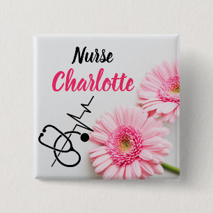 Nurses Custom Name Pink Daisy Floral  2 Inch Square Button