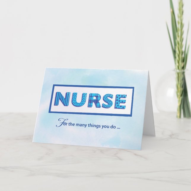 Nurses Day Grateful Blue Patterned Word Art Card (Front)