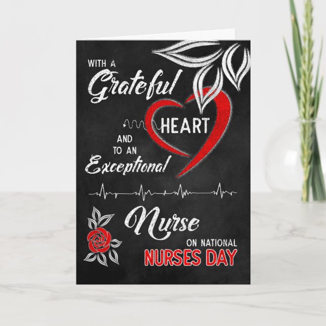 Nurses Day Grateful Heart Red and White Rose Chalk Card (Front)