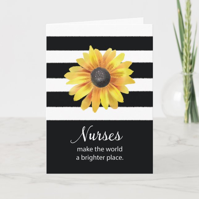Nurses Day Thanks Sunflower on Black White Stripes Card (Front)